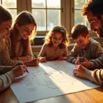 Семья за столом, создающая генеалогическое древо, символизирующее единство и семейное наследие