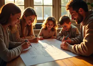 Семья за столом, создающая генеалогическое древо, символизирующее единство и семейное наследие