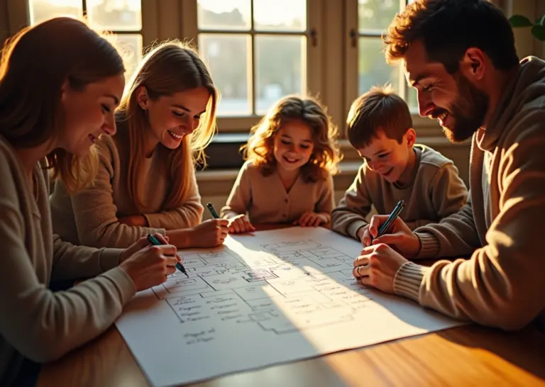 Семья за столом, создающая генеалогическое древо, символизирующее единство и семейное наследие