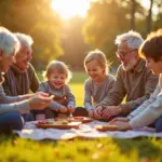 Счастливая российская семья всех поколений, проводящая время вместе без цифровых устройств, символизируя цифровой детокс и гармонию в семье