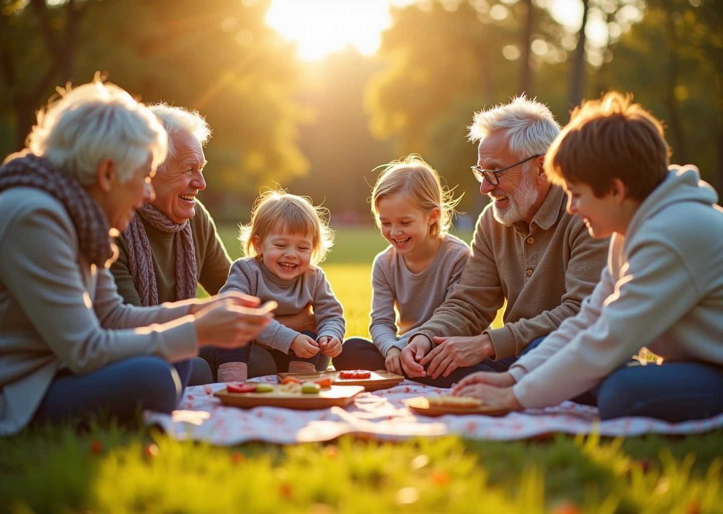 Счастливая российская семья всех поколений, проводящая время вместе без цифровых устройств, символизируя цифровой детокс и гармонию в семье