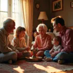 Тёплая и гармоничная семейная сцена с тремя поколениями в уютном доме, демонстрирующая уважение и общение между членами семьи в российском контексте