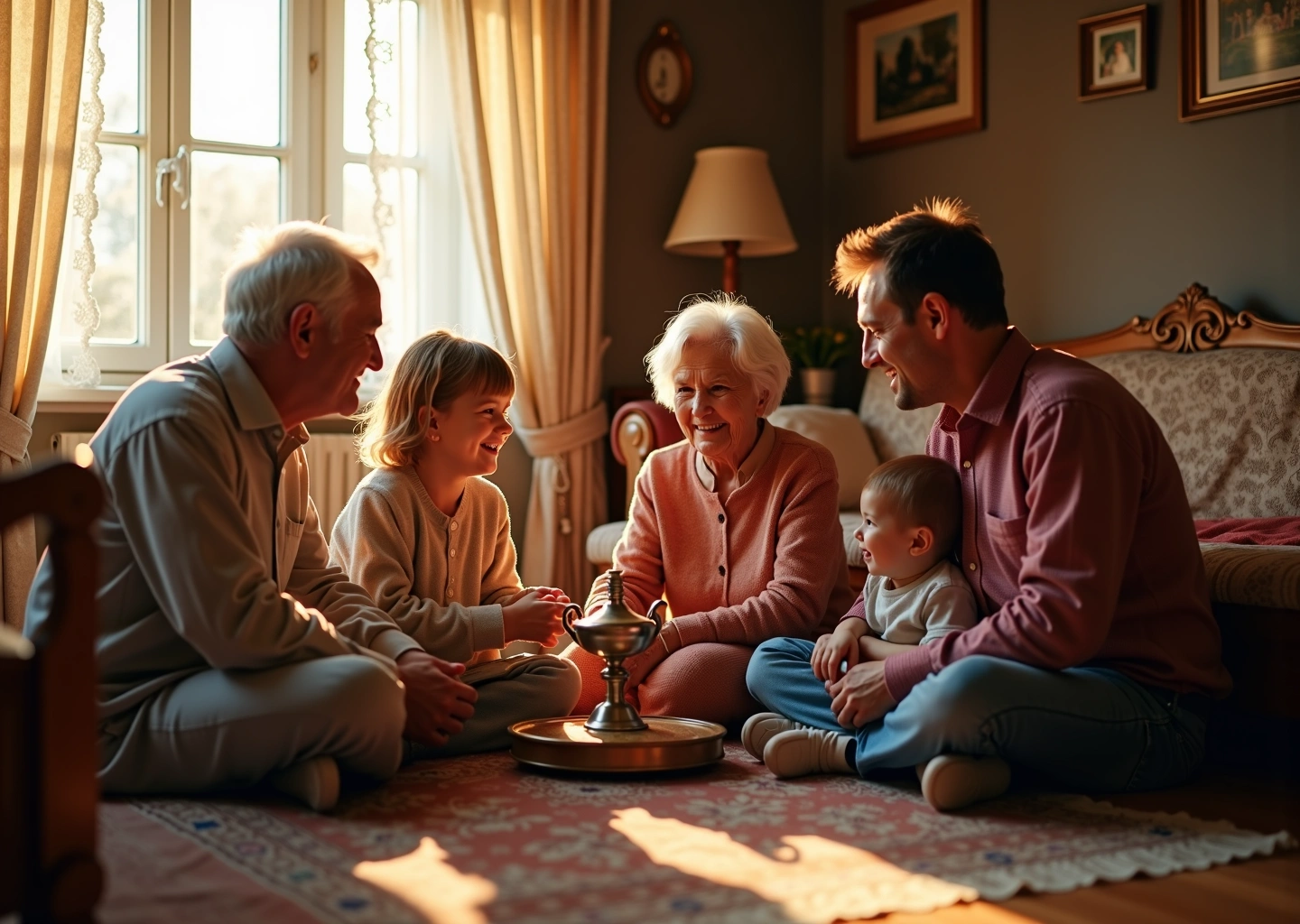 Тёплая и гармоничная семейная сцена с тремя поколениями в уютном доме, демонстрирующая уважение и общение между членами семьи в российском контексте