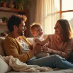 Родители хвалят ребенка в теплой домашней обстановке: счастливый ребенок и доверительное общение